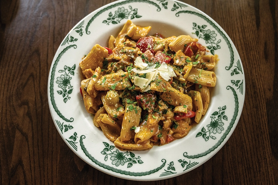 Chicken Riggies (chicken, mushrooms, red bell and cherry peppers in a tomato sauce with house-made rigatoni)