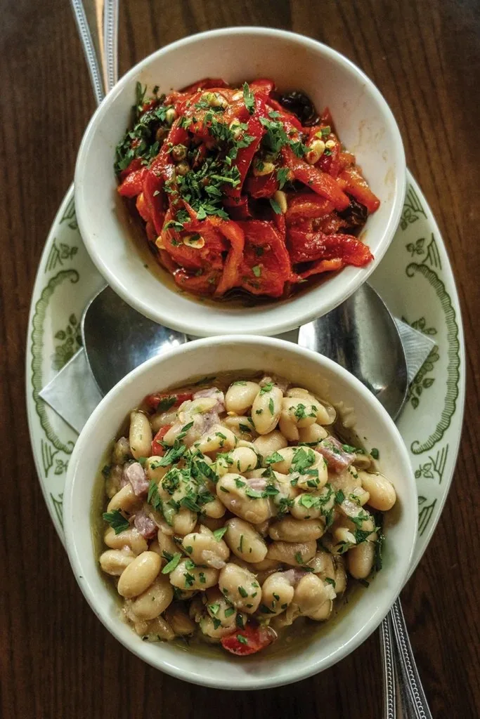 White bean and salami salad, and Sicilian roasted peppers