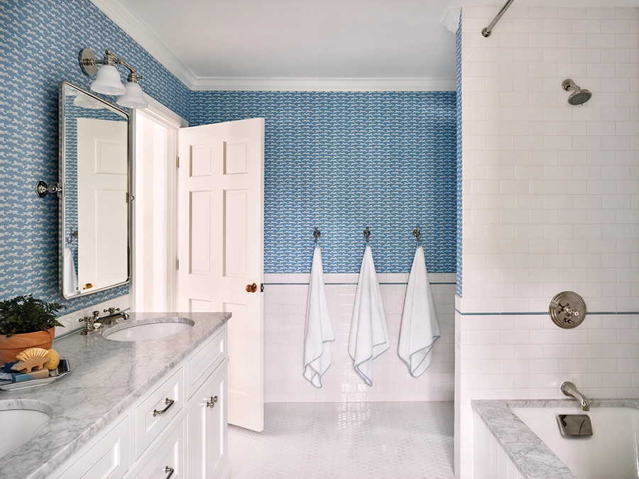 Myers Park home's blue bathroom designed by Nashville designer Becky Nielsen