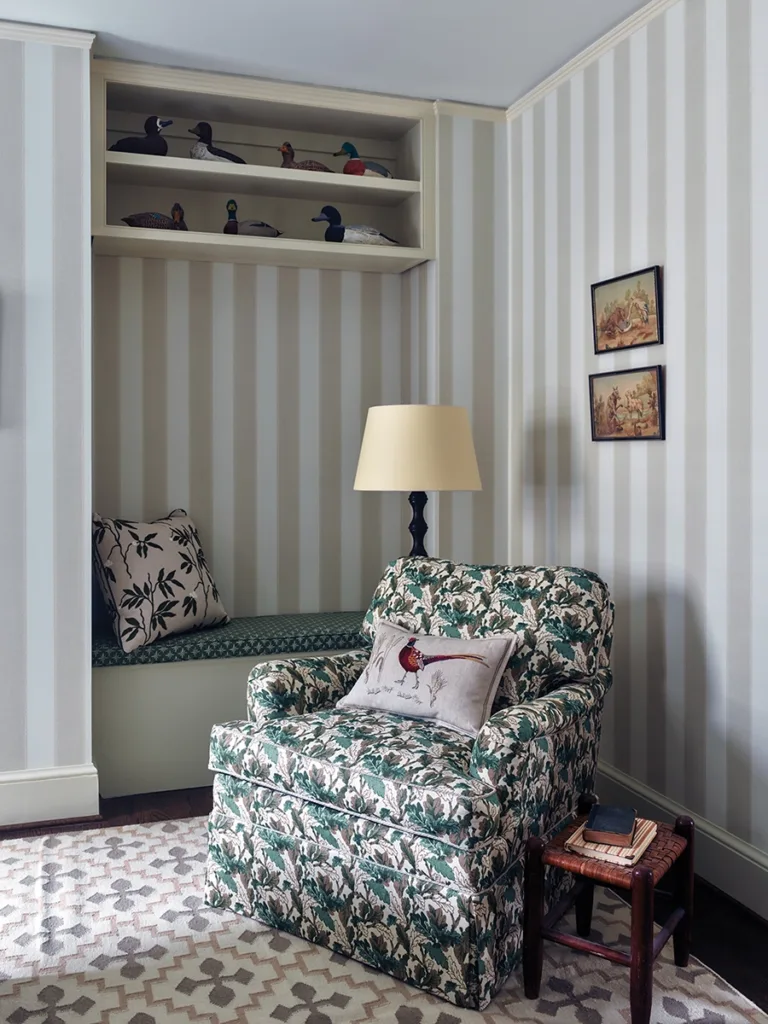 Myers Park home designed by Nashville designer Becky Nielsen. Chair with duck decoys.