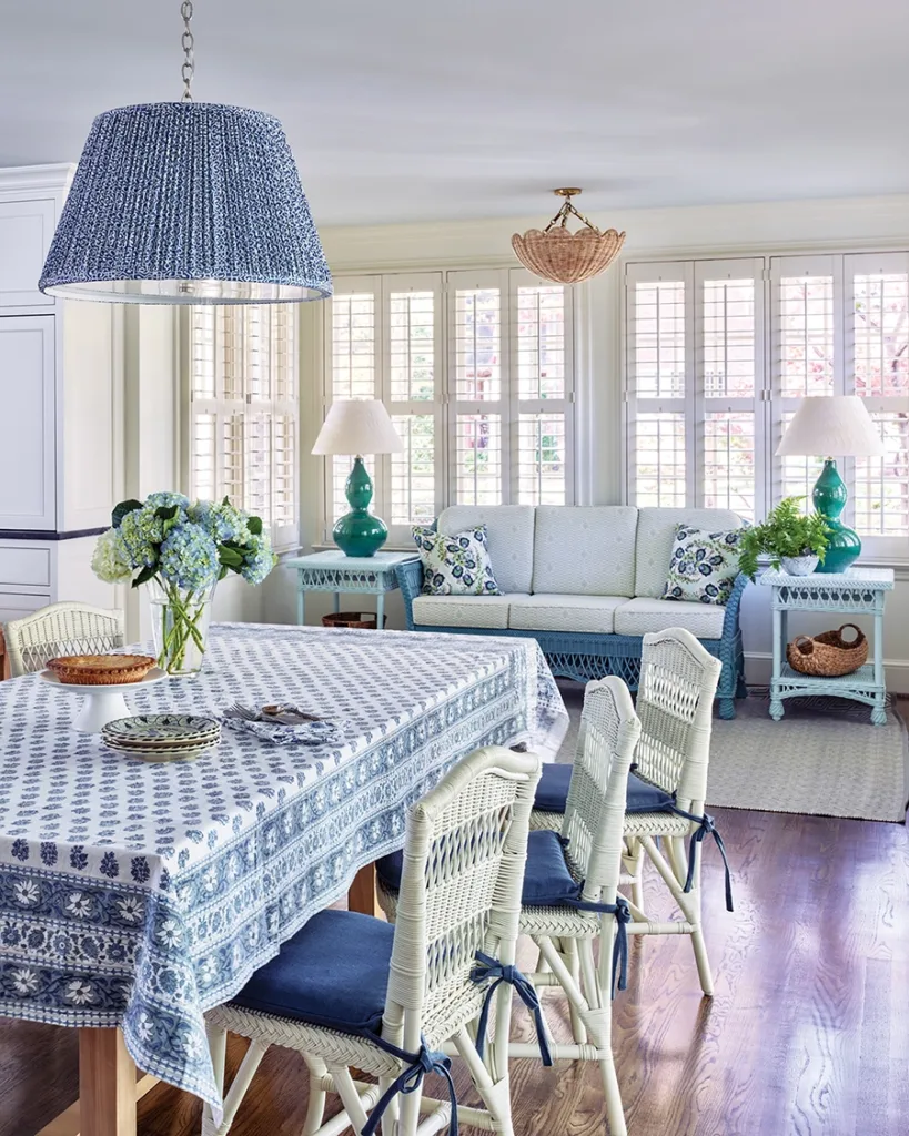 Myers Park home designed by Nashville designer Becky Nielsen. Kitchen dining with blue accents.