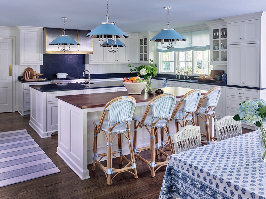Myers Park home designed by Nashville designer Becky Nielsen. Kitchen with blue accents.